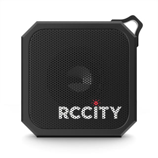Black portable speaker with 'RCCITY' branding - RC city
