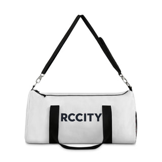 White duffel bag with black accents and 'RCCITY' - RC city