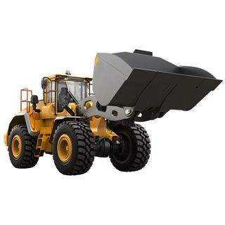 1/16 scale RC wheel loader full view with full metal frame and raised bucket