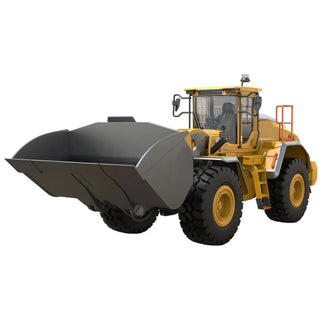 1/16 scale RC wheel loader full view with full metal frame and raised bucket