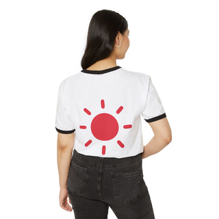 A white t-shirt with red sun design.