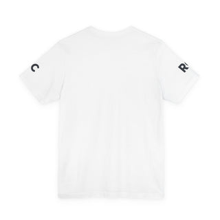 White t-shirt with black logo on a white background