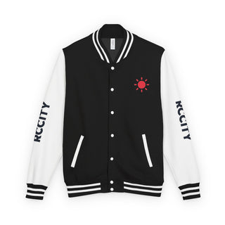 Black and white varsity jacket with red sun logo and 'RCCITY' 