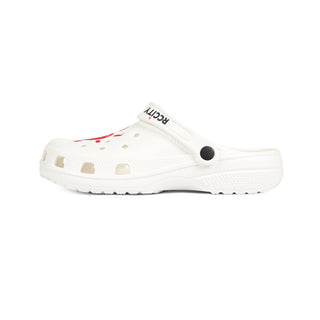 White clog shoe with colorful accents 