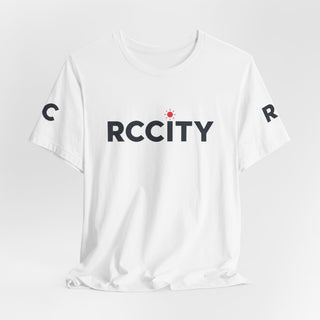 White t-shirt with 'RC CITY' printed 