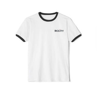 White t-shirt with black trim and 'RCCITY' 