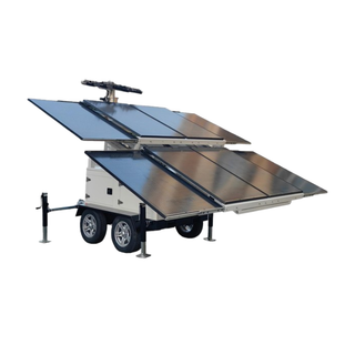 High output LED solar trailer with adjustable tilt solar panels